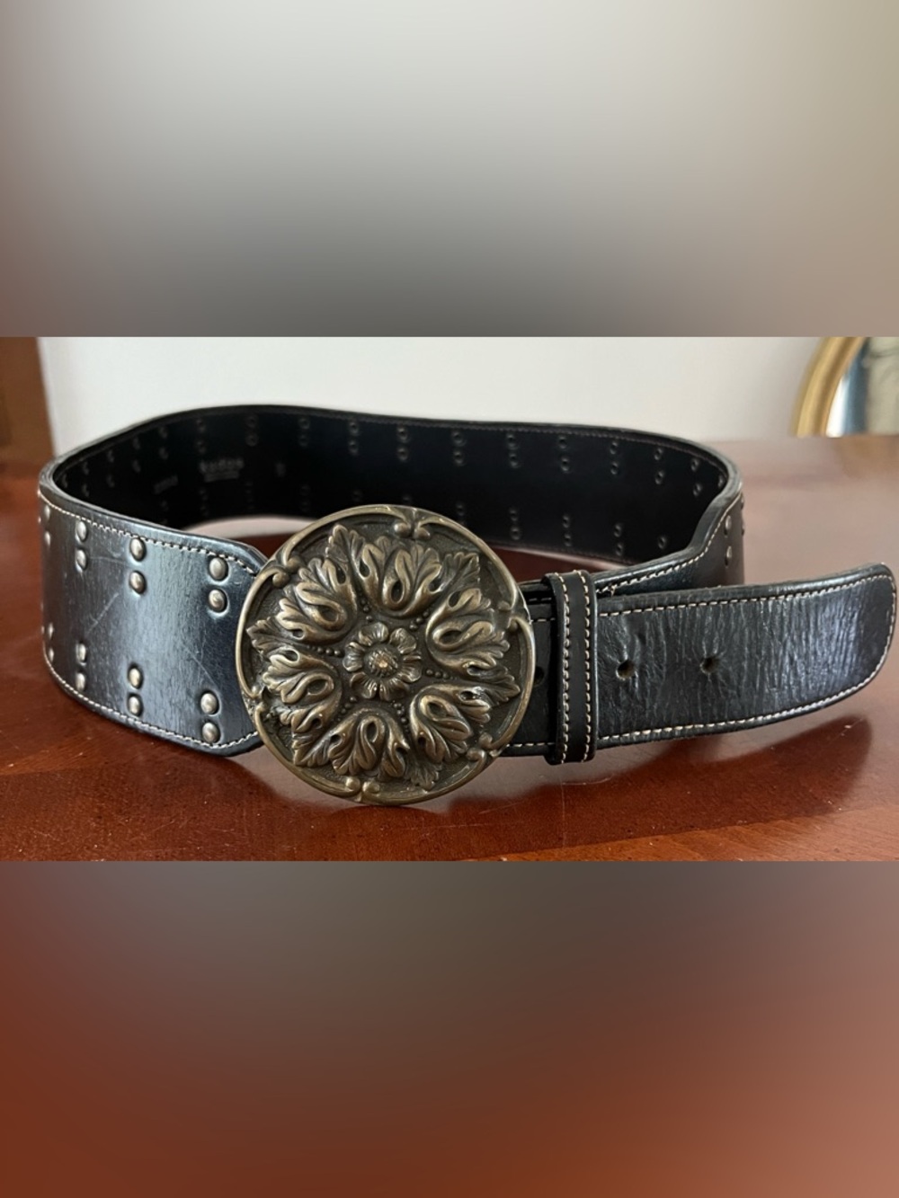 Y2K Whimsigoth KUDOS Leather Waist Belt Large Antiqued Brass Rosette Buckle